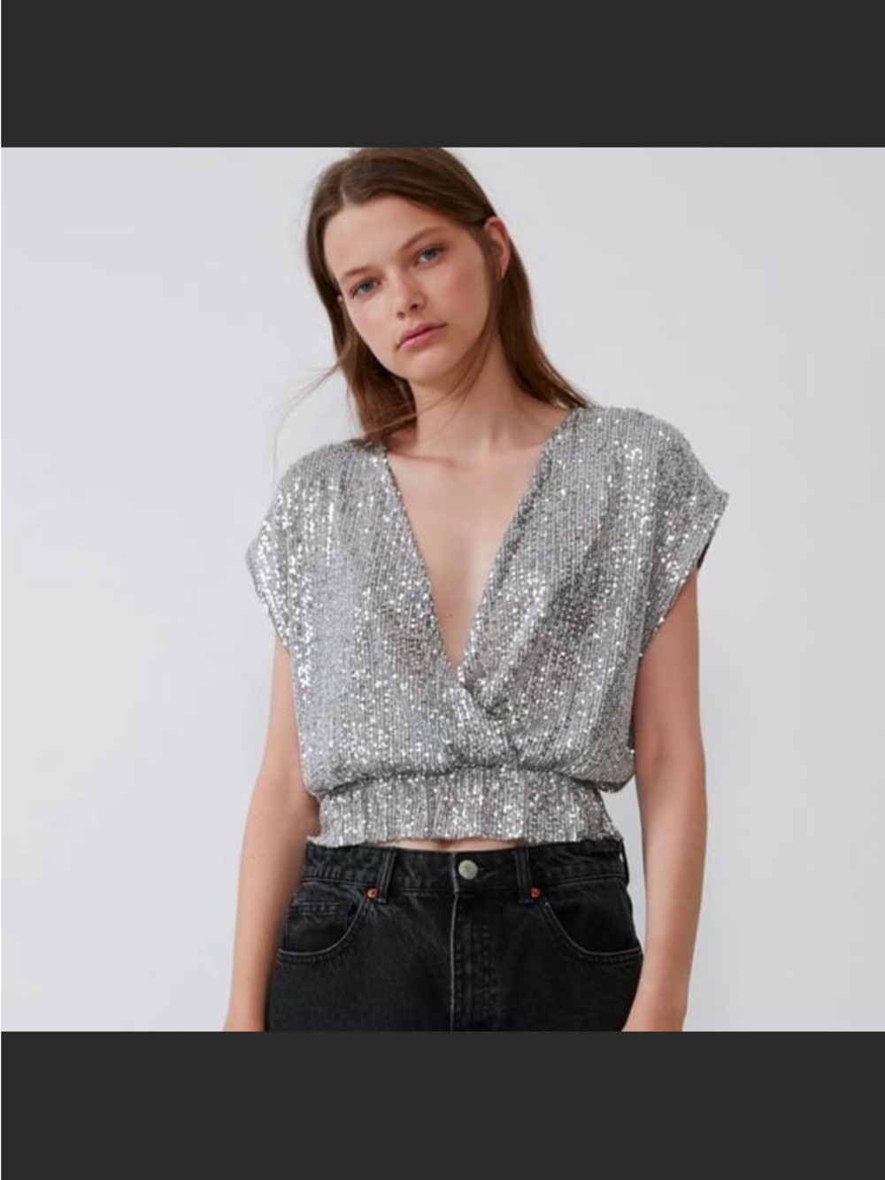 Viral Zara Silver Sequin V-Neck Peplum Top
